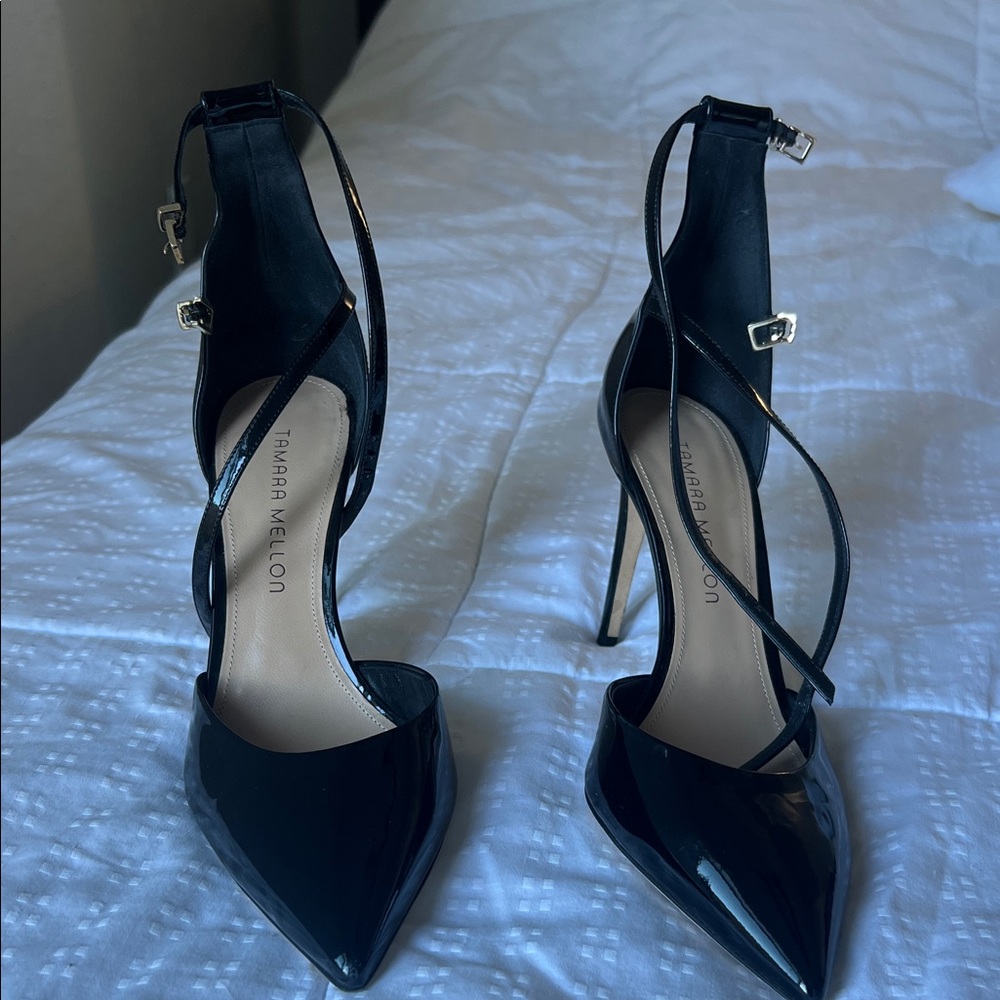 Tamara Mellon Glossy Black Strappy Heels